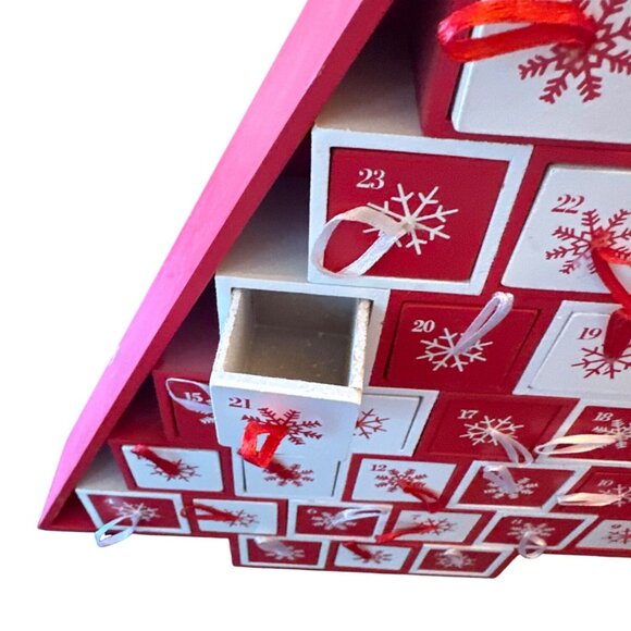 Wooden Tree Advent Calendar Red & White Snowflake Drawers For Holiday Countdown - Picture 3 of 5